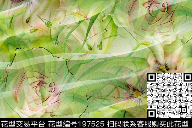抽象花卉绿色数码印花华亿平台下载（图片编号: 197525） - 瓦栏（Walan）