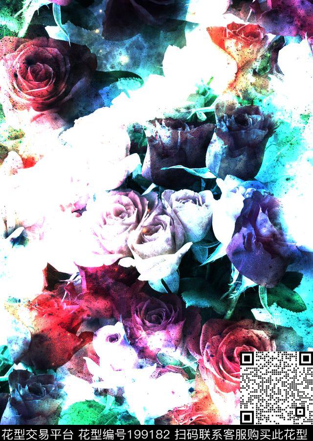 斑驳肌理花卉玫瑰数码印花华亿平台下载（图片编号: 199182） - 瓦栏（Walan）