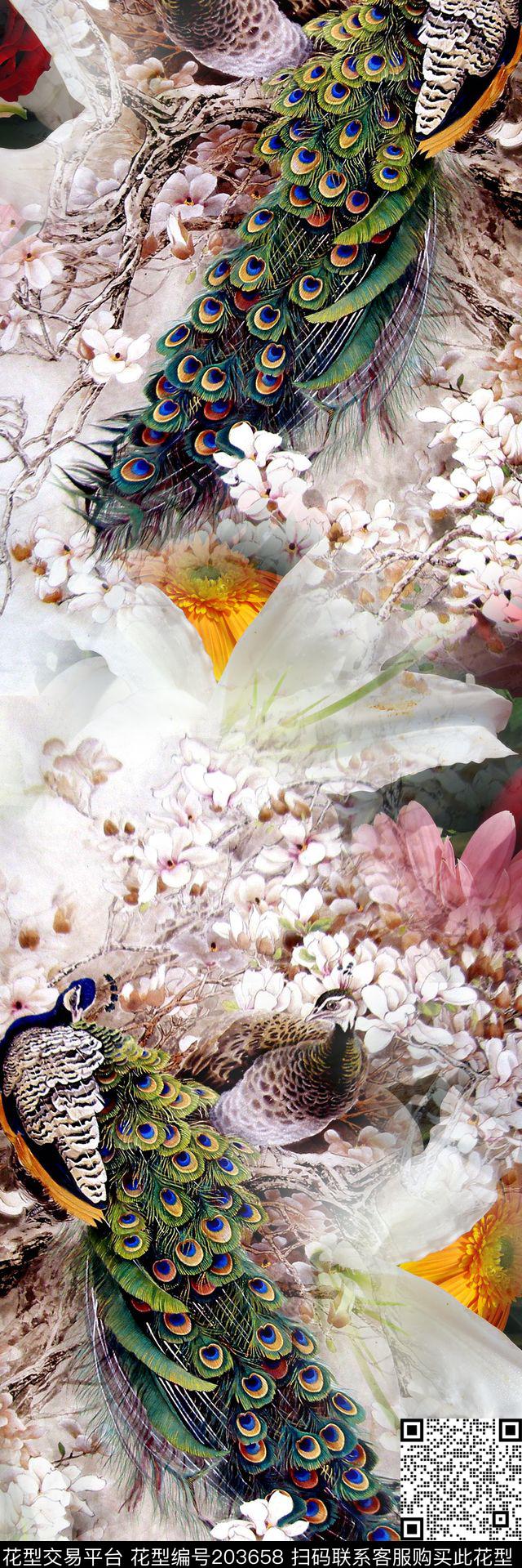 孔雀牡丹华丽数码印花华亿平台下载（图片编号: 203658） - 瓦栏（Walan）
