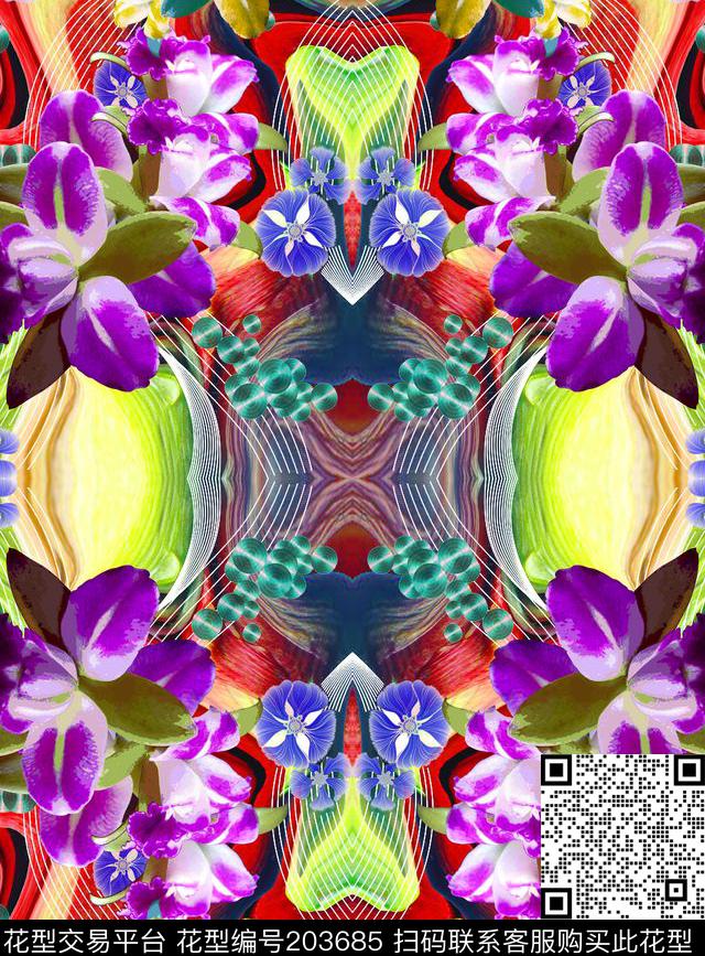 镜像花卉对称数码印花华亿平台下载（图片编号: 203685） - 瓦栏（Walan）