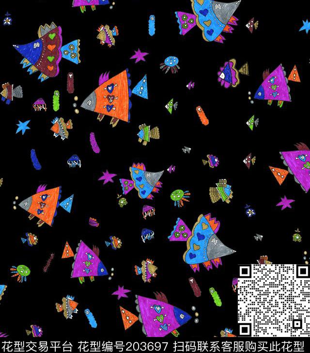 儿童画鱼章鱼数码印花华亿平台下载（图片编号: 203697） - 瓦栏（Walan）