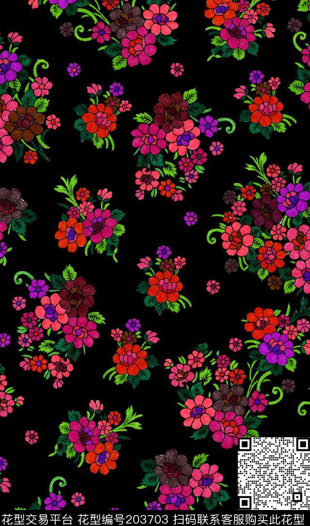 黑色衬底背景小花数码印花华亿平台下载（图片编号: 203703） - 瓦栏（Walan）