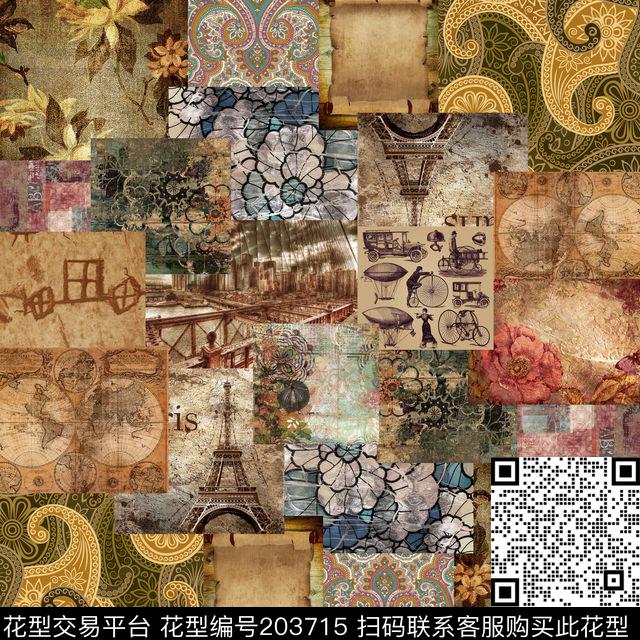 拼贴艺术效果块面感古典花纹数码印花华亿平台下载（图片编号: 203715） - 瓦栏（Walan）