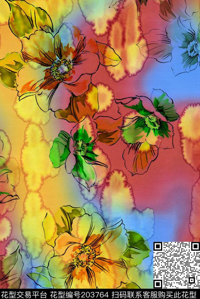 水墨手绘彩虹数码印花华亿平台下载（图片编号: 203764） - 瓦栏（Walan）