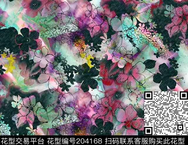 花卉叶子晕染数码印花华亿平台下载（图片编号: 204168） - 瓦栏（Walan）