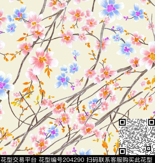 花清新淡雅手绘数码印花华亿平台下载（图片编号: 204290） - 瓦栏（Walan）
