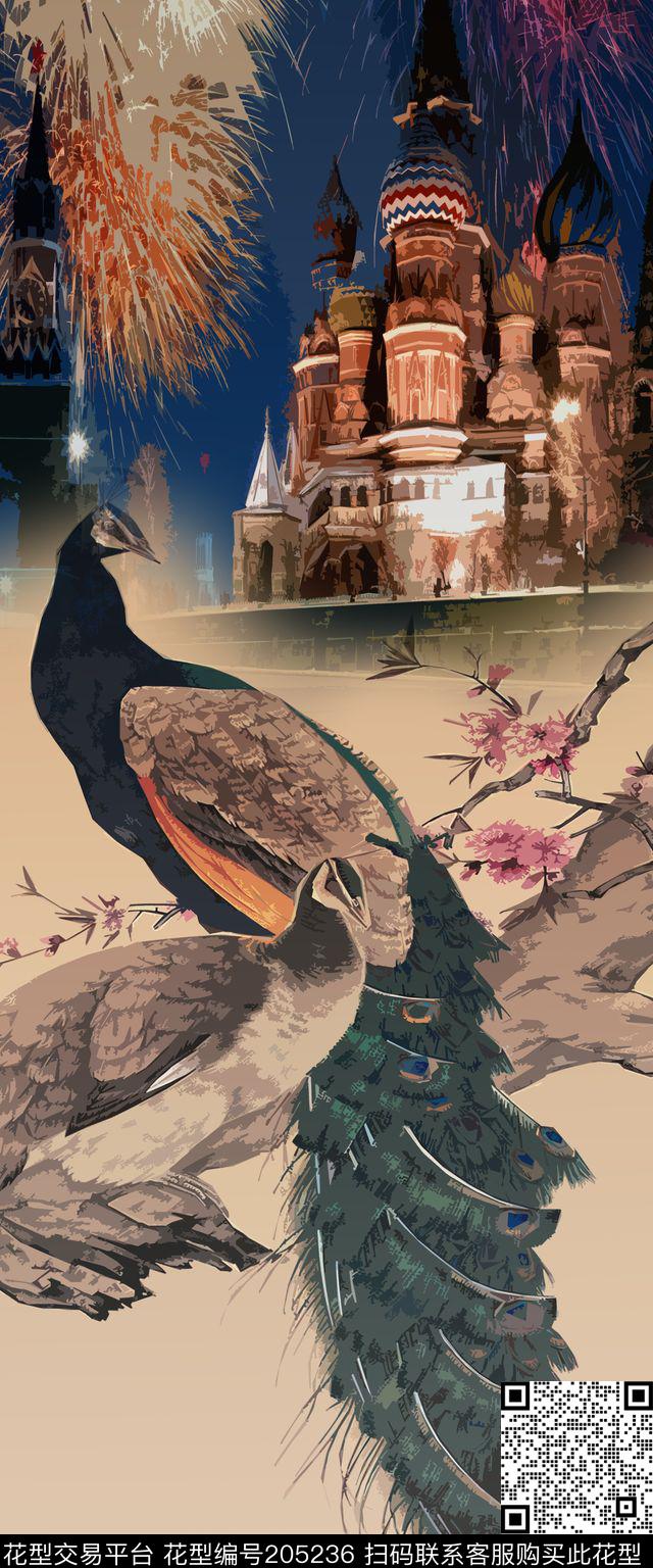 孔雀动物烟花数码印花华亿平台下载（图片编号: 205236） - 瓦栏（Walan）