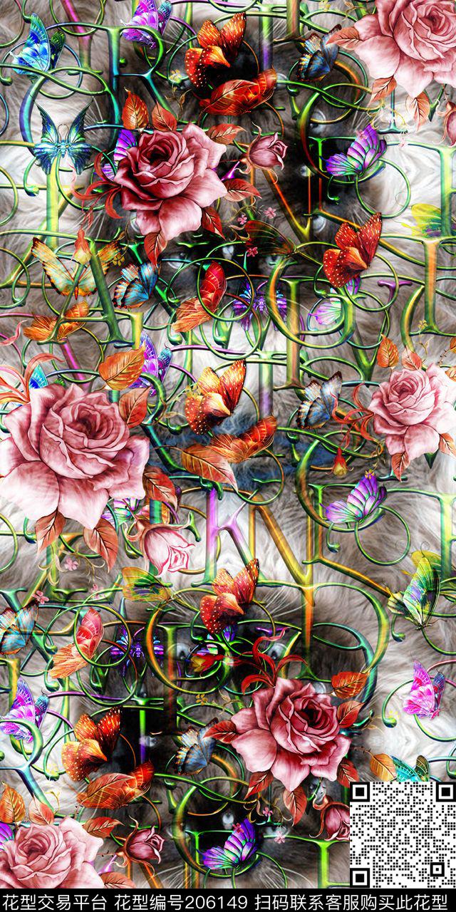 复古花卉字母数码印花华亿平台下载（图片编号: 206149） - 瓦栏（Walan）