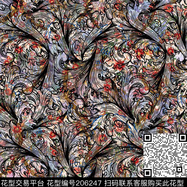 复古宫廷卷草纹数码印花华亿平台下载（图片编号: 206247） - 瓦栏（Walan）