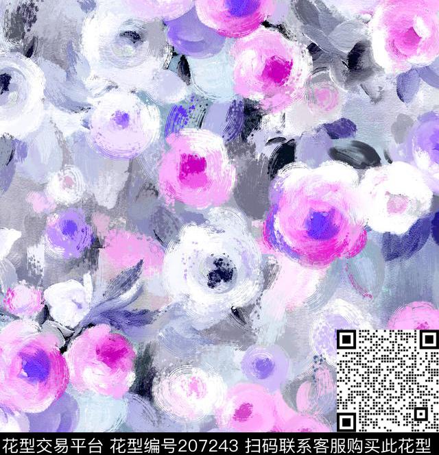 笔触抽象花卉灰色数码印花华亿平台下载（图片编号: 207243） - 瓦栏（Walan）