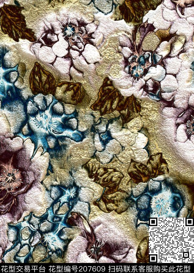 抽象花卉刺绣数码印花华亿平台下载（图片编号: 207609） - 瓦栏（Walan）
