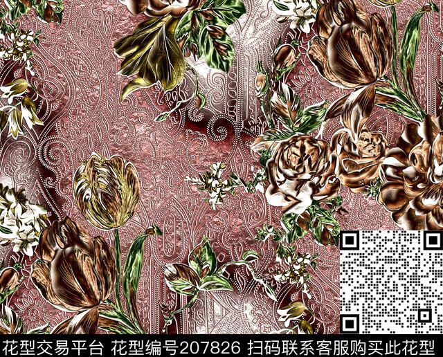 古典褐色花手绘数码印花华亿平台下载（图片编号: 207826） - 瓦栏（Walan）