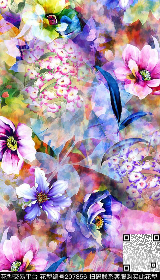 水彩手绘花卉花朵多花瓣花数码印花华亿平台下载（图片编号: 207856） - 瓦栏（Walan）