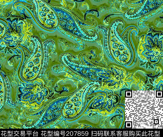 佩斯利涡旋纹绿色佩斯利数码印花华亿平台下载（图片编号: 207859） - 瓦栏（Walan）