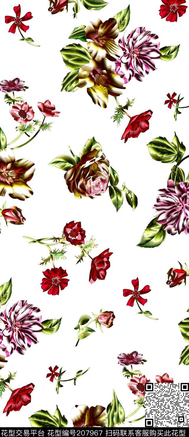 白色背景手绘花卉数码数码印花华亿平台下载（图片编号: 207967） - 瓦栏（Walan）