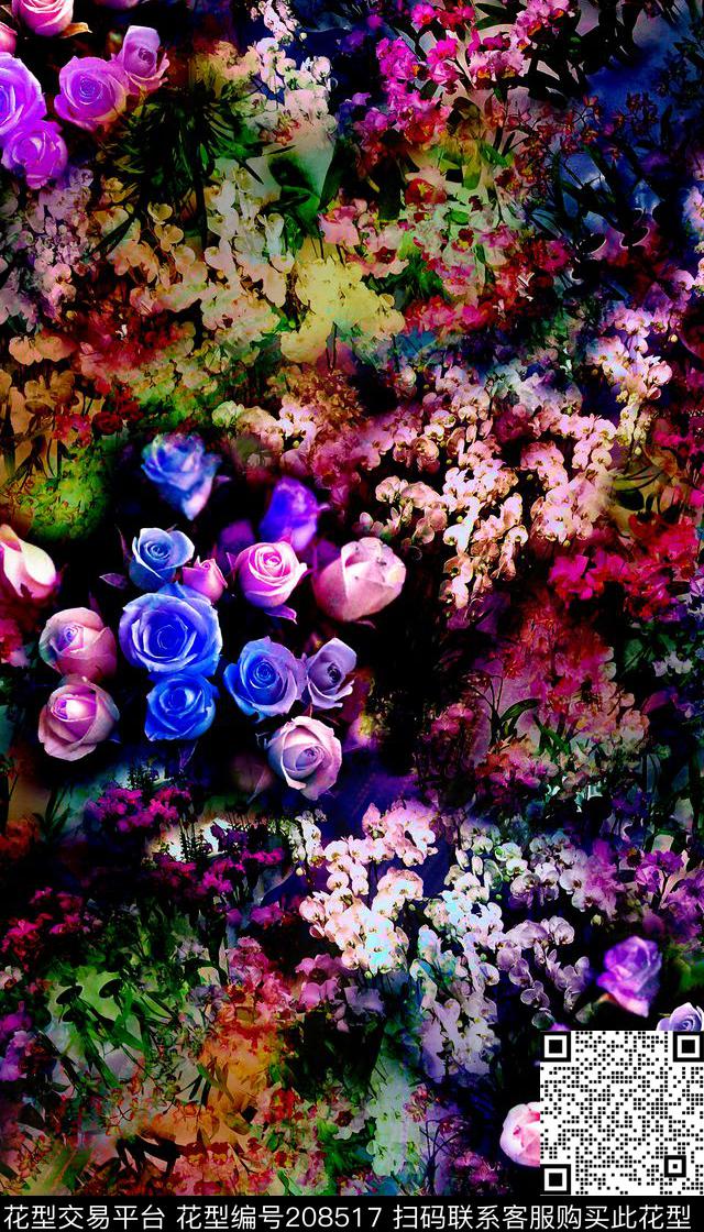 水彩剪贴花卉数码印花华亿平台下载（图片编号: 208517） - 瓦栏（Walan）