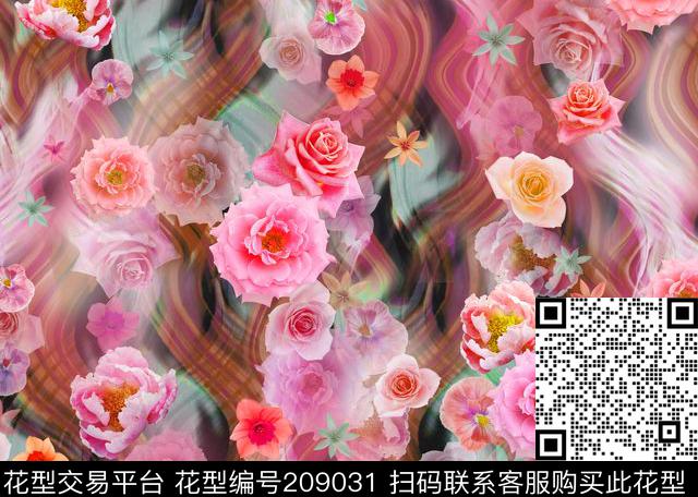 浪漫花卉玫瑰波浪数码印花华亿平台下载（图片编号: 209031） - 瓦栏（Walan）