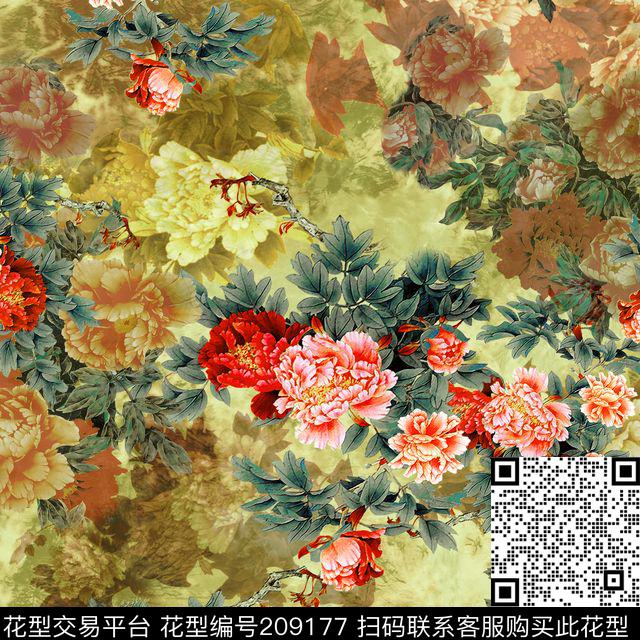 复古国画工笔画数码印花华亿平台下载（图片编号: 209177） - 瓦栏（Walan）