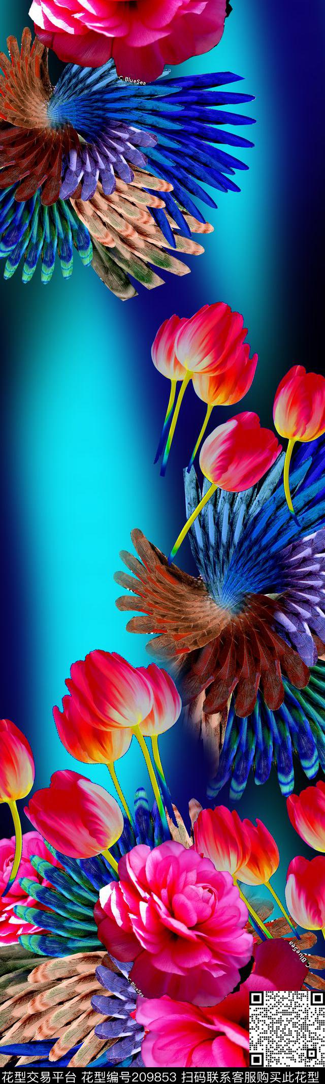 花卉羽毛数码印花华亿平台下载（图片编号: 209853） - 瓦栏（Walan）