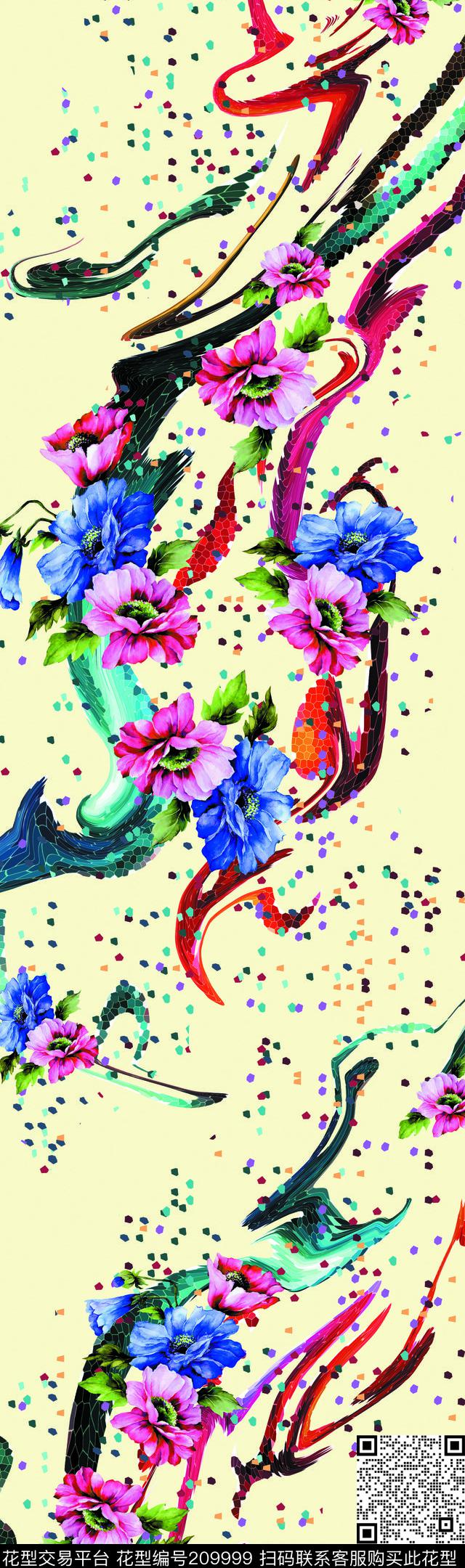 花卉色块线数码印花华亿平台下载（图片编号: 209999） - 瓦栏（Walan）