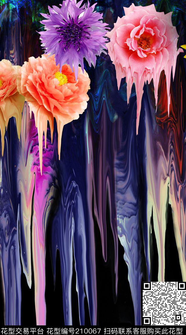 花卉黑底滴状数码印花华亿平台下载（图片编号: 210067） - 瓦栏（Walan）