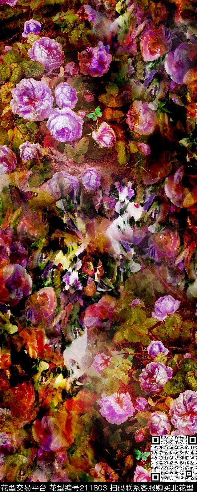 玫瑰花花团锦簇数码印花华亿平台下载（图片编号: 211803） - 瓦栏（Walan）