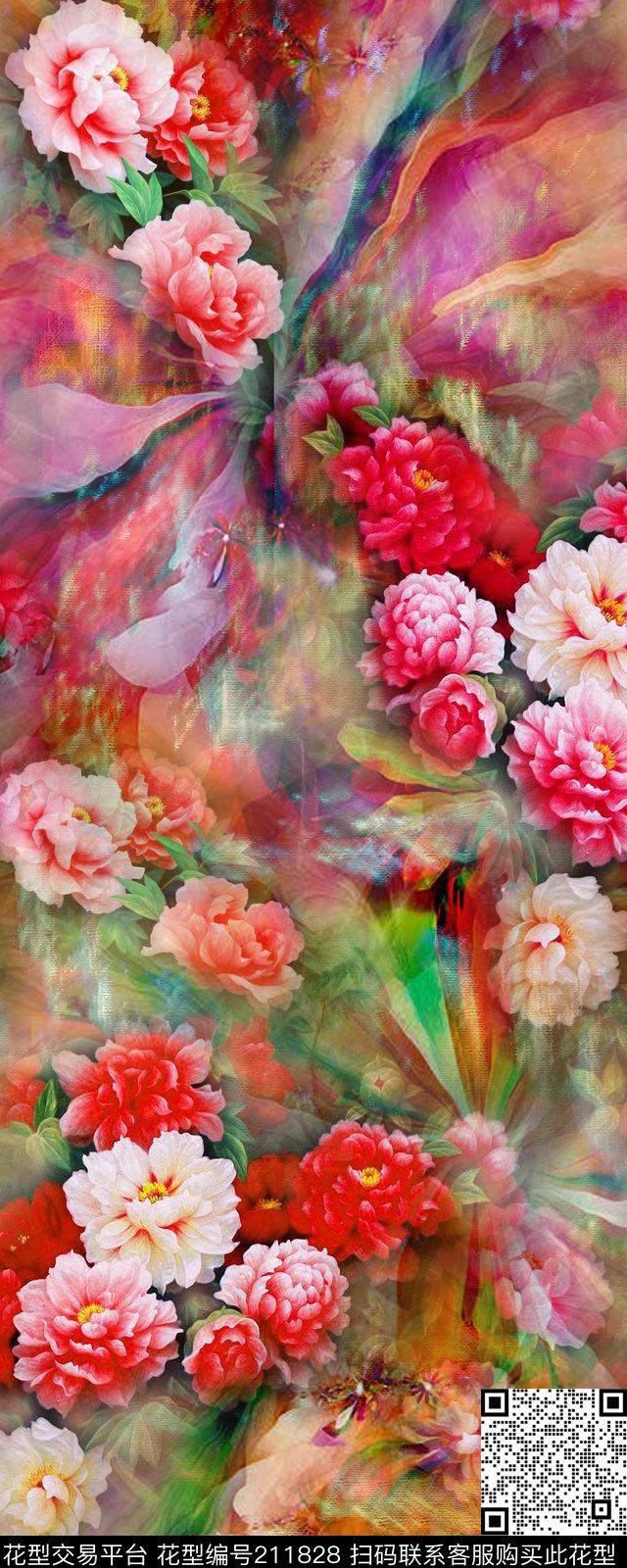 乡村花红色数码印花华亿平台下载（图片编号: 211828） - 瓦栏（Walan）