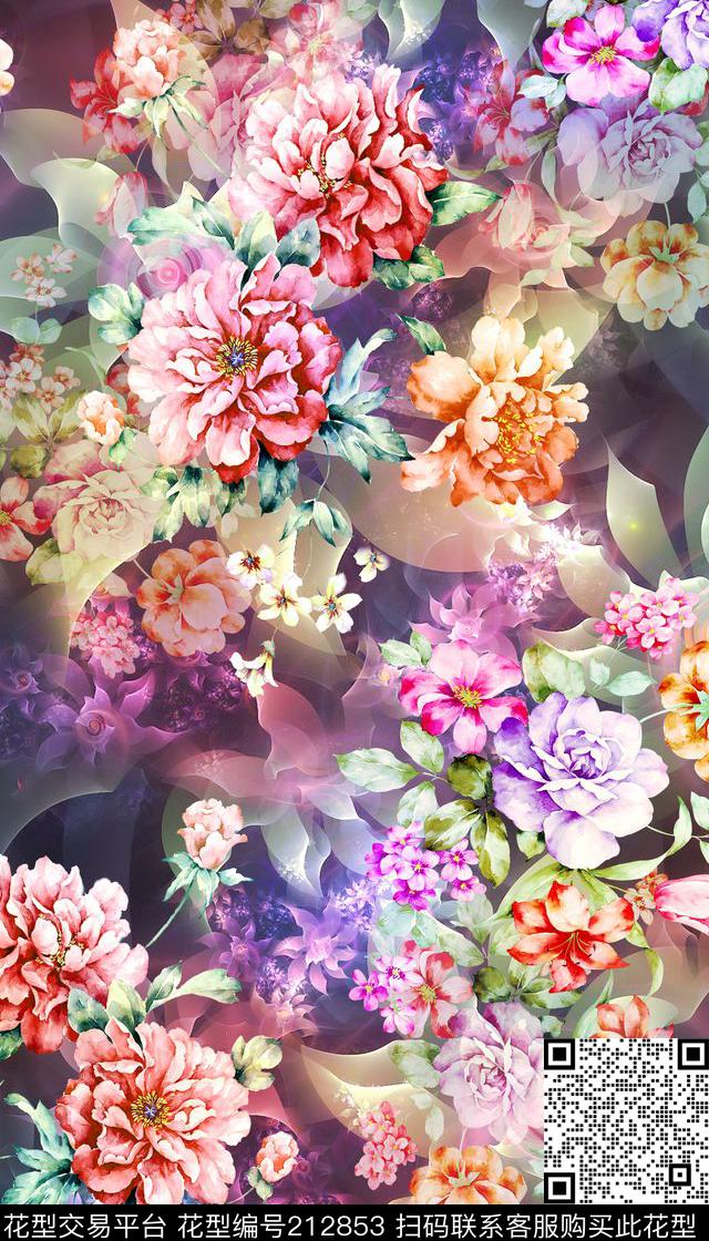 水彩花卉牡丹数码印花华亿平台下载（图片编号: 212853） - 瓦栏（Walan）