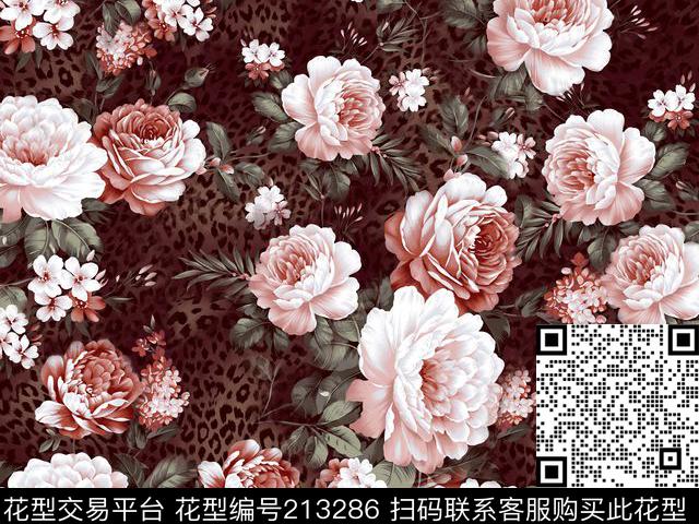 时尚豹纹牡丹数码印花华亿平台下载（图片编号: 213286） - 瓦栏（Walan）