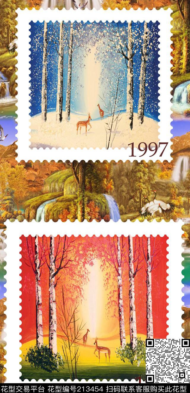 邮票山水风景景观数码印花华亿平台下载（图片编号: 213454） - 瓦栏（Walan）