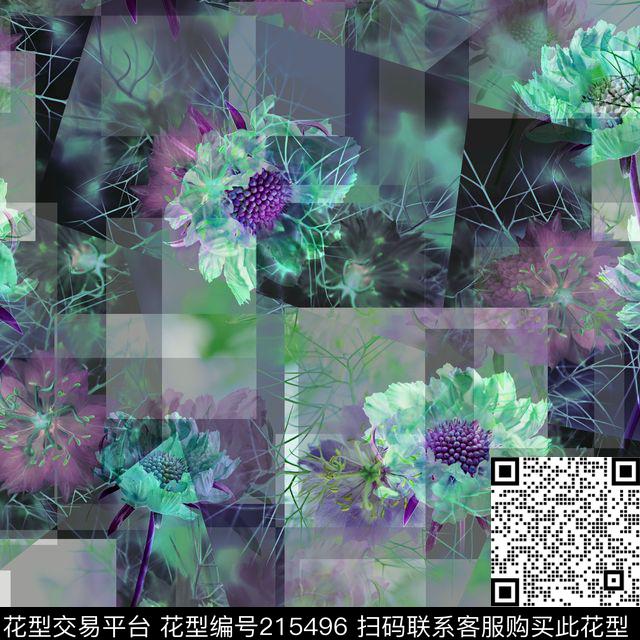 格子方块花卉数码印花华亿平台下载（图片编号: 215496） - 瓦栏（Walan）
