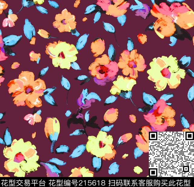 平面花卉手绘笔触肌理数码印花华亿平台下载（图片编号: 215618） - 瓦栏（Walan）