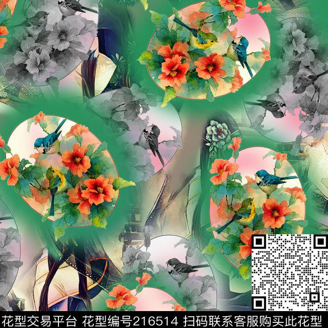 花卉绿色鸟数码印花华亿平台下载（图片编号: 216514） - 瓦栏（Walan）