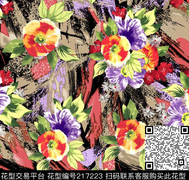 手绘花卉花朵笔刷刷痕背景数码印花华亿平台下载（图片编号: 217223） - 瓦栏（Walan）