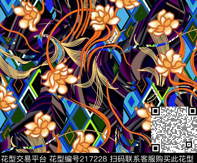 花卉藤条穿插数码印花华亿平台下载（图片编号: 217228） - 瓦栏（Walan）