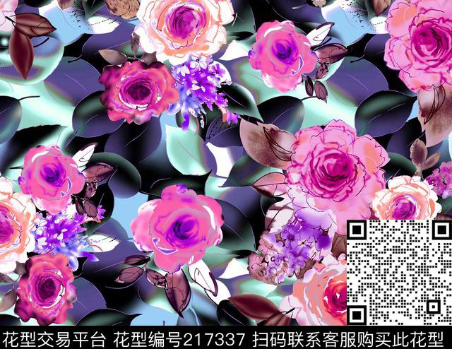 花卉树叶五彩数码印花华亿平台下载（图片编号: 217337） - 瓦栏（Walan）