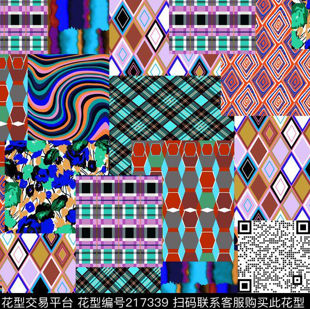 拼贴格子几何数码印花华亿平台下载（图片编号: 217339） - 瓦栏（Walan）