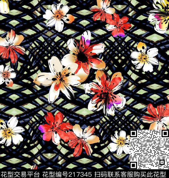 网格花卉服装数码印花华亿平台下载（图片编号: 217345） - 瓦栏（Walan）