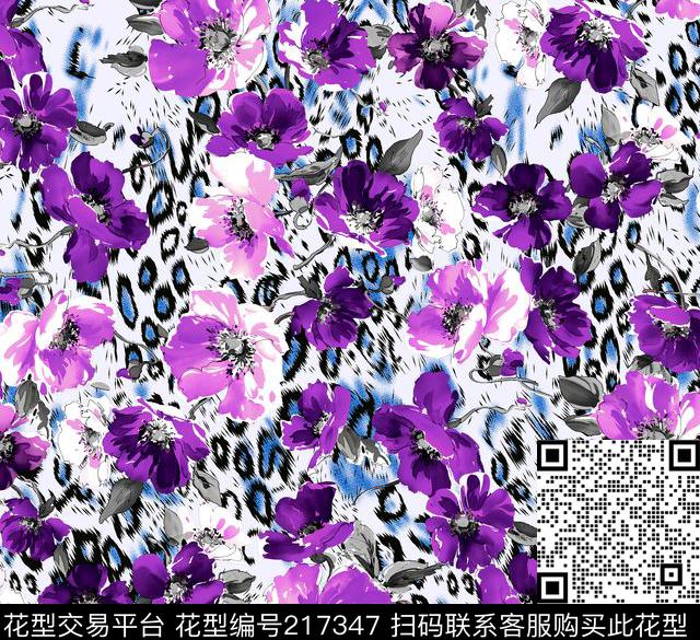 花卉豹纹紫色数码印花华亿平台下载（图片编号: 217347） - 瓦栏（Walan）