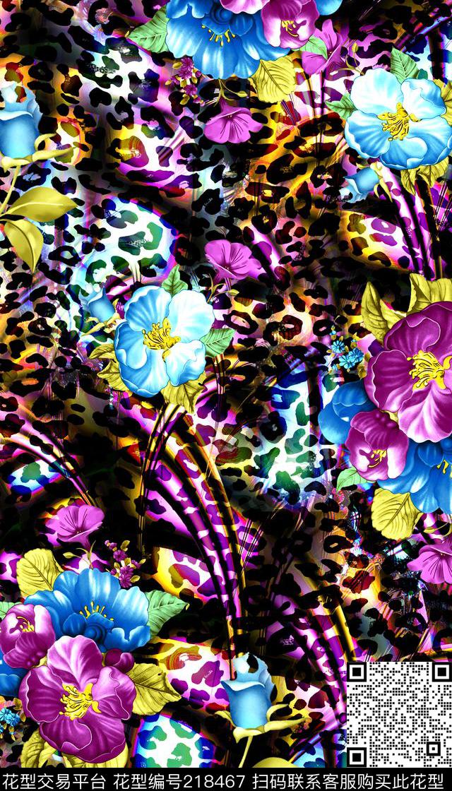 动物纹豹纹手绘花卉数码印花华亿平台下载（图片编号: 218467） - 瓦栏（Walan）