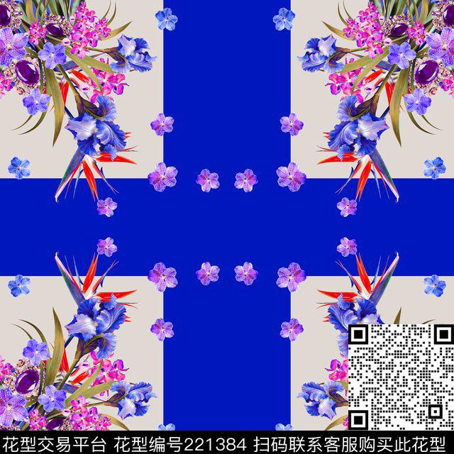 花卉对称方巾数码印花华亿平台下载（图片编号: 221384） - 瓦栏（Walan）