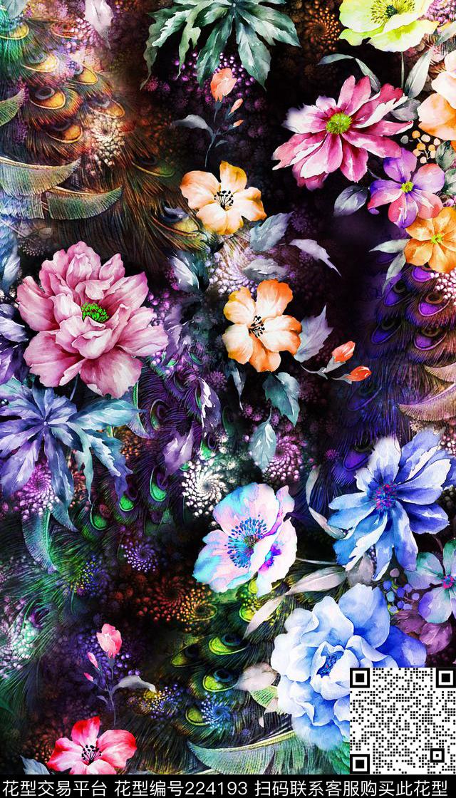 花朵花卉水墨数码印花华亿平台下载（图片编号: 224193） - 瓦栏（Walan）