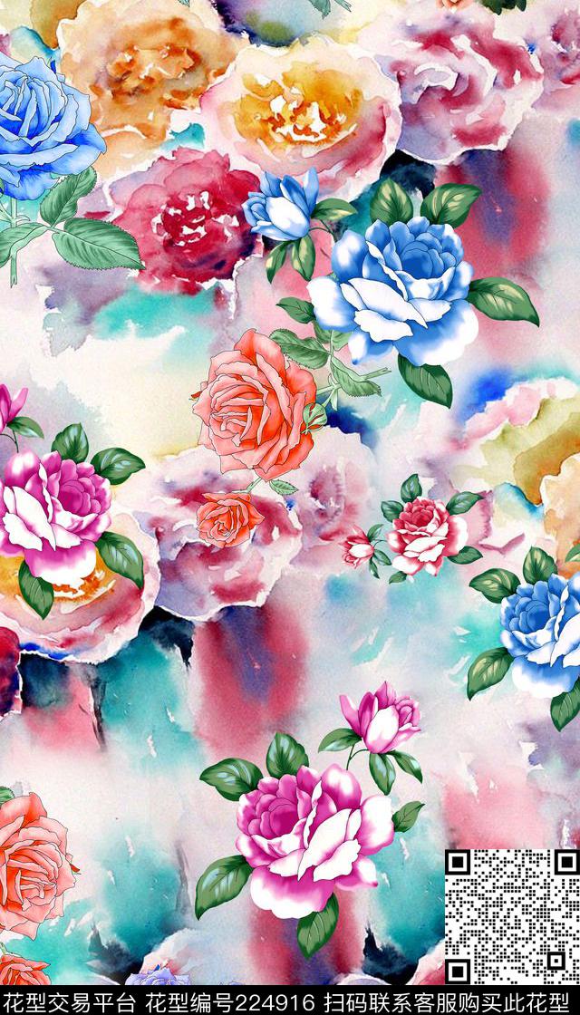花卉水彩手绘数码印花华亿平台下载（图片编号: 224916） - 瓦栏（Walan）