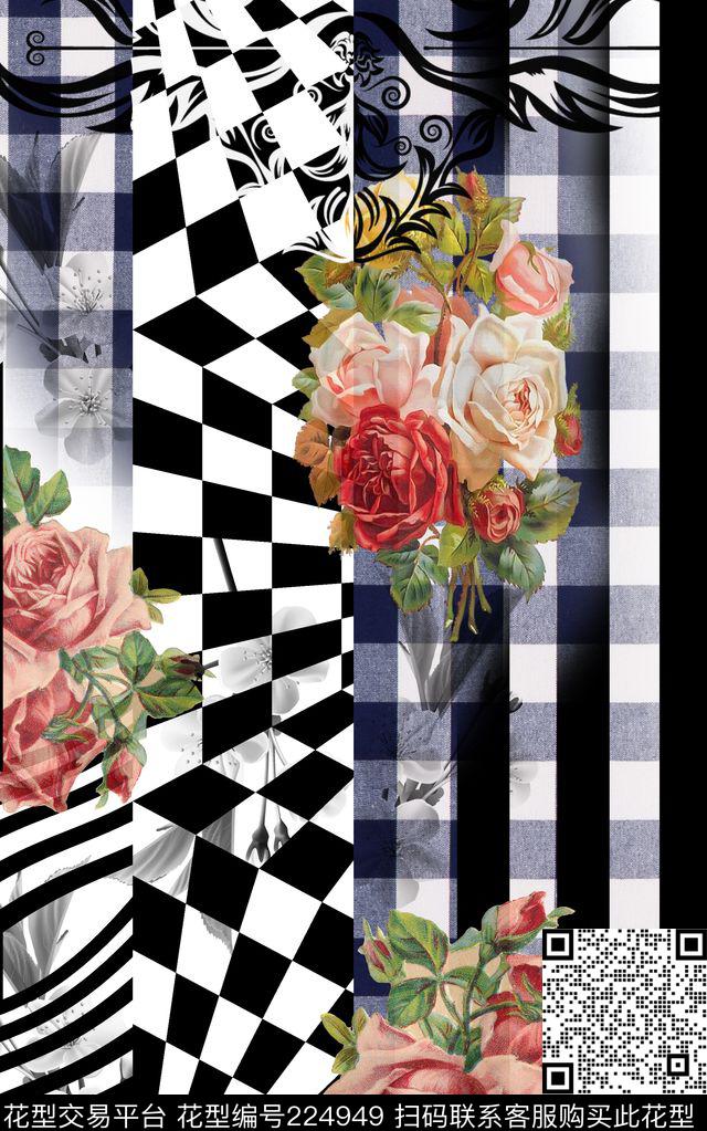 几何方格玫瑰数码印花华亿平台下载（图片编号: 224949） - 瓦栏（Walan）