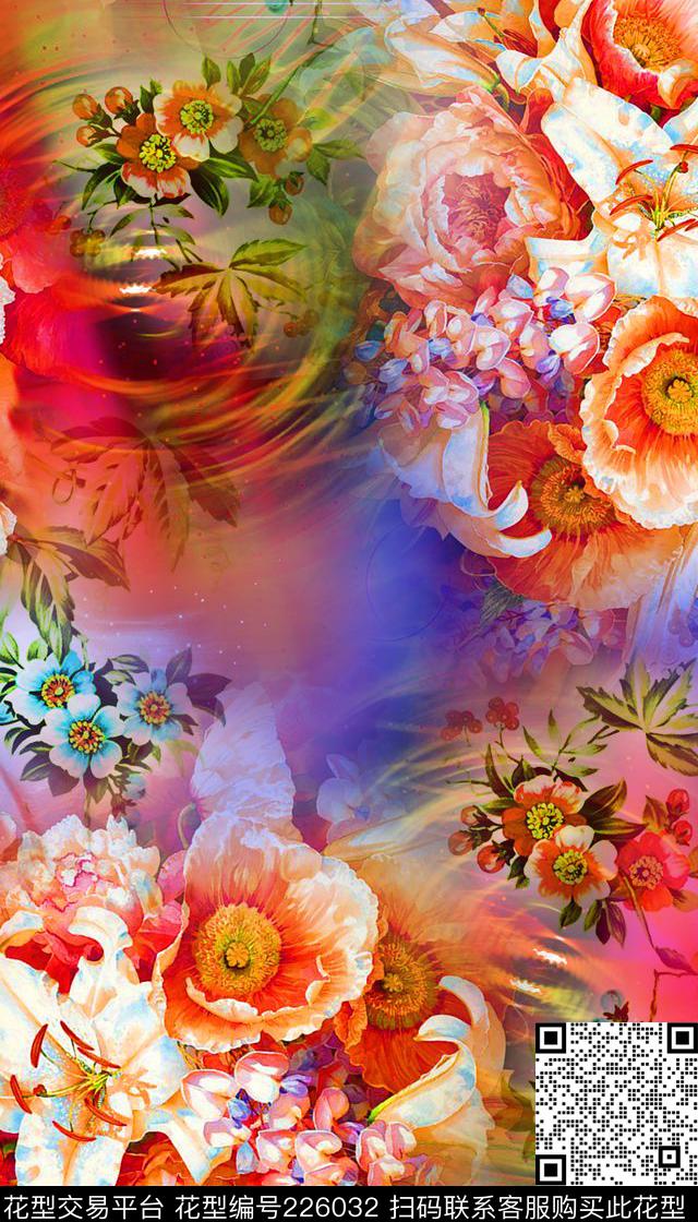 花朵穿插变形数码印花华亿平台下载（图片编号: 226032） - 瓦栏（Walan）