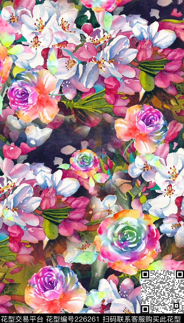 彩色手绘花卉数码印花华亿平台下载（图片编号: 226261） - 瓦栏（Walan）
