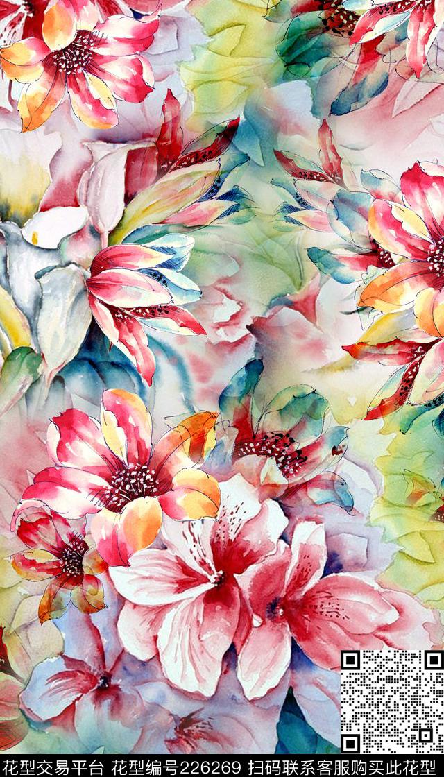 水彩花卉手绘数码印花华亿平台下载（图片编号: 226269） - 瓦栏（Walan）