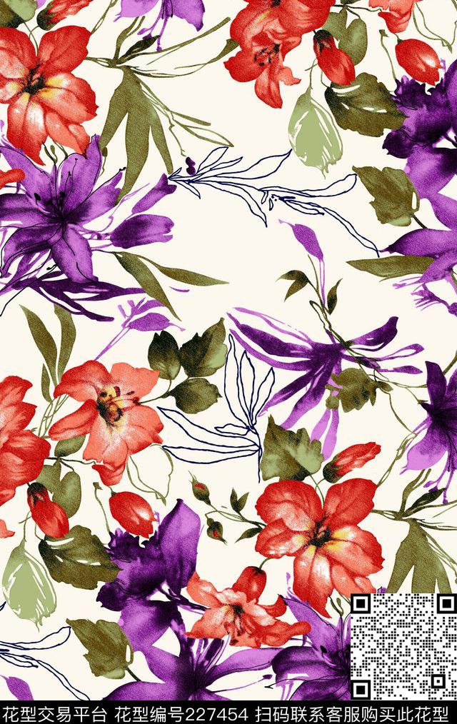 传统华亿平台水彩花卉数码印花华亿平台下载（图片编号: 227454） - 瓦栏（Walan）