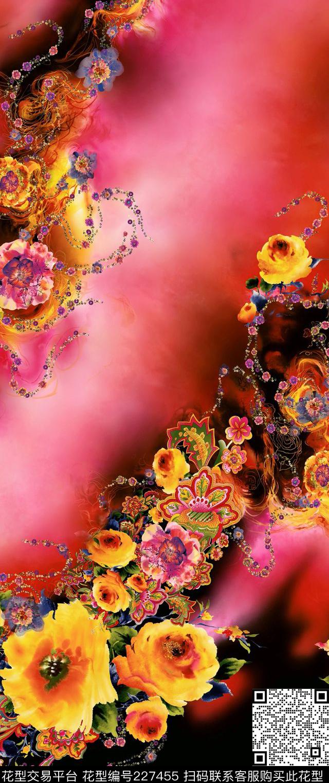 定位花红色花卉数码印花华亿平台下载（图片编号: 227455） - 瓦栏（Walan）