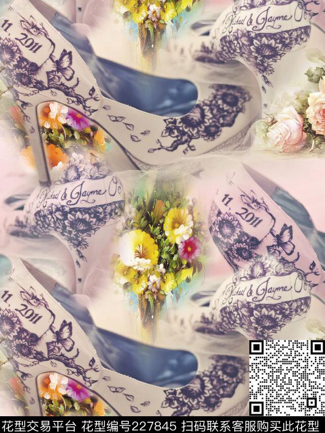 花卉高跟鞋青花瓷数码印花华亿平台下载（图片编号: 227845） - 瓦栏（Walan）